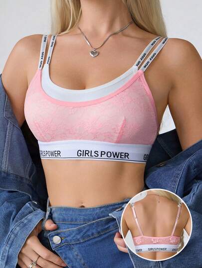 Sutiã feminino rosa com detalhes em renda, alças ajustáveis, lingerie confortável para adolescentes.