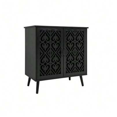 Two-Door Cabinet With Decorative Cutout Doors | Solid Wood Legs | Adjustable Shelves | Hand-Painted Black Finish | Versatile Sideboard