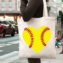 [Softball Tote] Reusable Softball Canvas Tote Bag |   Yellow Heart Design - Perfect Gift For Softball Lovers And Players With Durable Handles - White - View 1