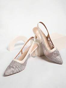 Nuevos zuecos de tacón alto con lazo blanco y malla, sandalias slip-on de punta fina para mujer con bordado de encaje, tacón fino/grueso, estilo chino - Gris - Ver 5