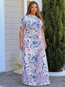 Astrid Plus Size Marble Print Long Loose Casual Dress Vacation Elegant Summer - Purple - View 1