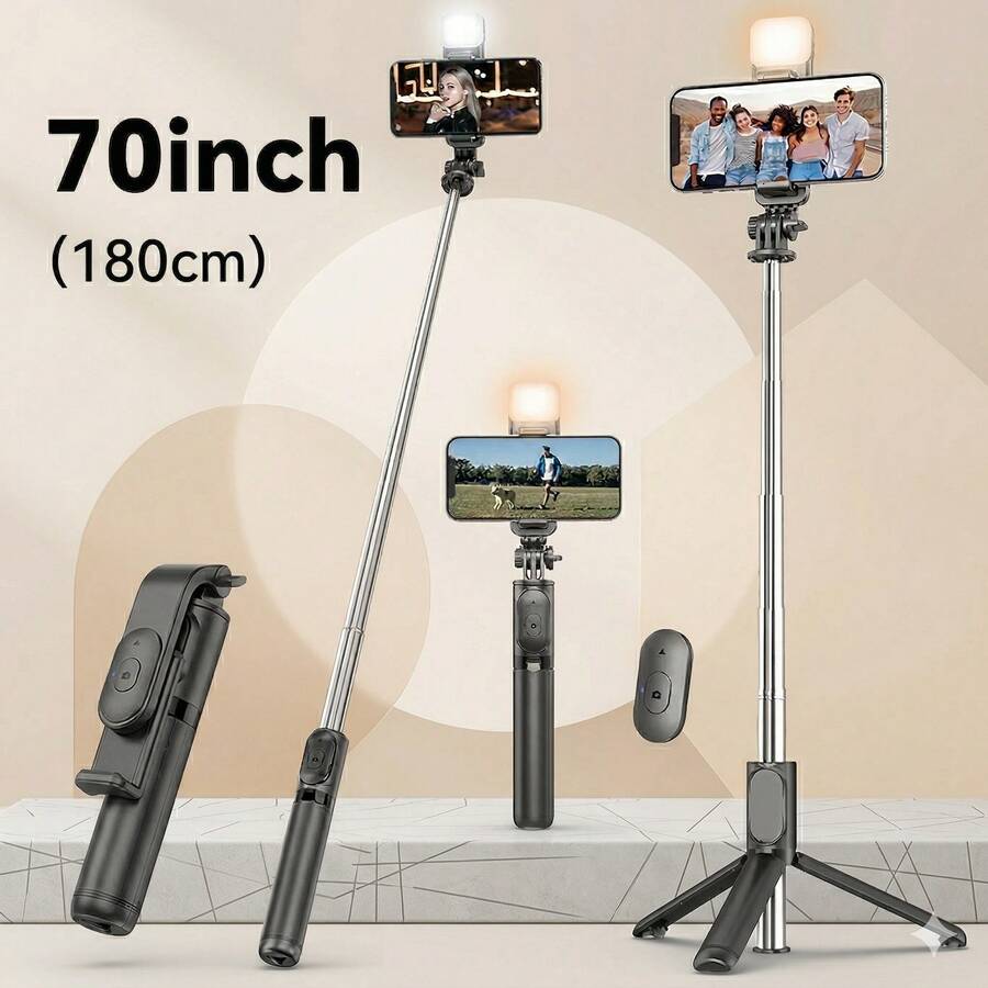 Tangle-Free Premium Quality 70'' Extendable Selfie Stick Tripod With Fill Light & Wireless Remote, Portable Phone Tripod Stand For Android, Adjustable Travel Selfie Stick Mother's Day Birthday Gift - 70inch - View 1