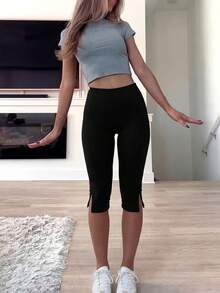 New Solid Color Elastic Fitted Bermuda Shorts With Slit Hem Black Summer - Black - View 9