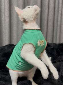 可爱刺绣条纹猫咪图案无袖宠物背心，透气宠物服装，适合春夏穿着 - 綠色 - 查看 10