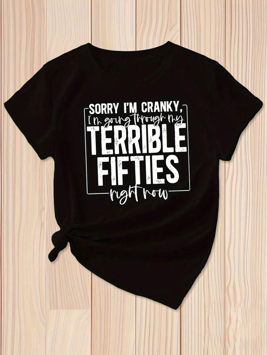 Plus Size - Plus Size - Fashionable Women'S T-Shirt For A 50Th Birthday With A Humorous Twist - "Sorry, I'M A Bit Grumpy..." Funny Quote Short-Sleeve Round Neck Top, Soft Fabric Suitable For All Seasons, Machine Washable, Comfortable Casual Style - Black - View 1