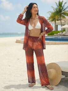 Pearl Beach Cover-Up - Shirt And Adjustable Tulle Pants Set | Summer 2026 - Resort Fashion Blogger Style - Brown 2 - View 3
