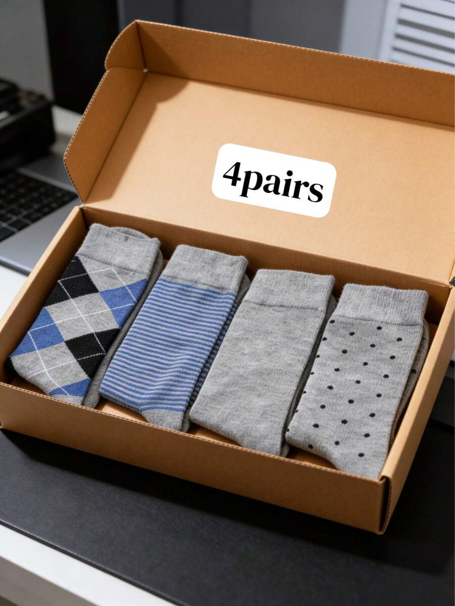 4 perechi de șosete pentru bărbați, cutie cadou, până la jumătatea gambei, care absorb umezeala, rezistente la mirosuri, pentru tot sezonul, versatile, stil business casual britanic, culori asortate, șosete confortabile, cadou excelent pentru familie, cadou de Paște - Gri deschis - Vizualizare 1