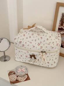 花卉绗缝化妆包，乡村风格，大容量手提包，可爱樱桃贴花，少女洗漱包 - 粉色 - 查看 3