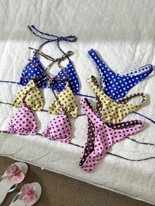 女士性感比基尼泳装，复古可爱碎花三角比基尼，双面可穿，适合海滩度假夏季穿着 - 藍色 - 查看 2