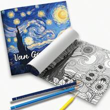1本梵高风格艺术涂色书，24页单面印刷，收录经典印象派杰作（星夜、向日葵、自画像等），减压涂色书，线条清晰，图案精美，适合居家休闲、艺术创作、旅行娱乐，是馈赠亲朋好友的完美礼物，也是复活节、万圣节、母亲节、圣诞节和其他节日聚会的理想之选。 - 梵谷藝術著色本 - 查看 6