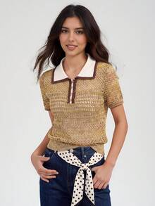 Women's Casual Contrast Color Design Lapel Short Sleeve Top, Summer - Khaki - View 4