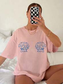 Graphic TeesWomen's Tropical Shell Print Casual T-Shirt - High Elasticity Round Neck Short Sleeve Top, Machine Washable White Blue Summer Beachwear, All-Season Comfortable Fit, Breathable Fabric, Simple Design, Tops For Women, Vacation Outfits For Women100% CottonWomen's Casual Easter Cotton T-Shirt Soft Breathable Daily Tee - 粉色 - 查看 1