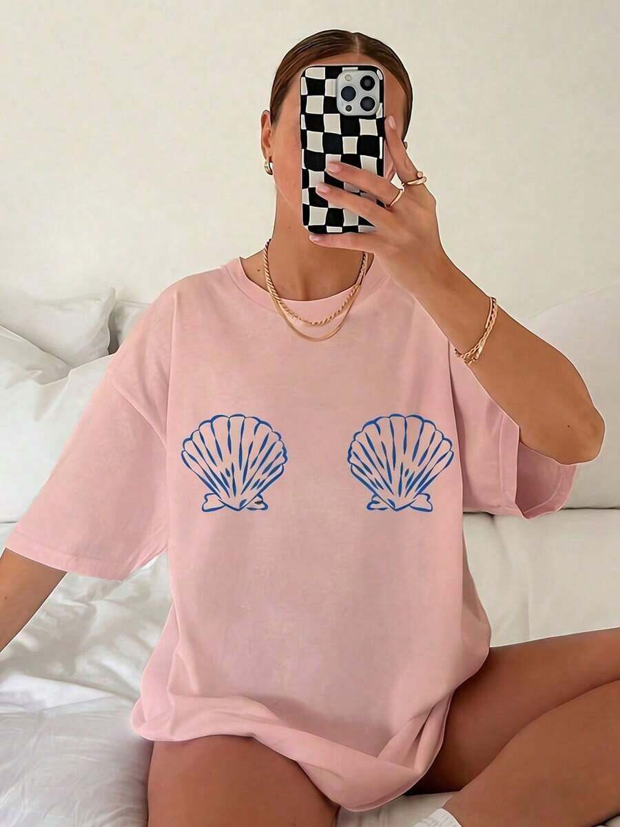 Graphic TeesWomen's Tropical Shell Print Casual T-Shirt - High Elasticity Round Neck Short Sleeve Top, Machine Washable White Blue Summer Beachwear, All-Season Comfortable Fit, Breathable Fabric, Simple Design, Tops For Women, Vacation Outfits For Women100% CottonWomen's Casual Easter Cotton T-Shirt Soft Breathable Daily Tee - 粉色 - 查看 1