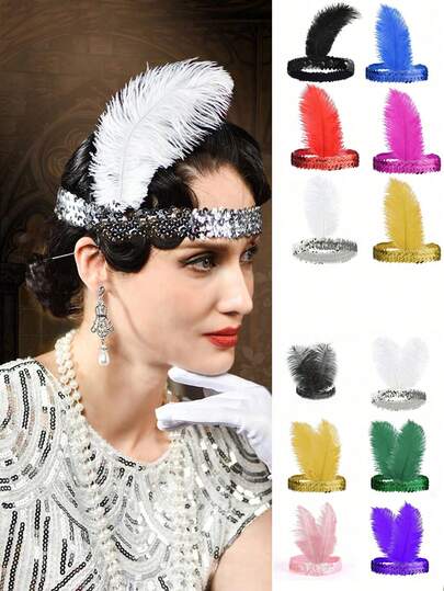 Tocado de estilo de los años 20 del siglo XX con plumas artificiales para maquillaje de baile de salón individual. Accesorio de peinado para fiestas de noche, celebraciones de festivales y vestidos de novia. Decoraciones de Halloween.