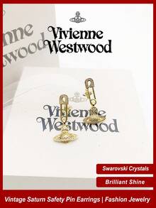 Vivienne Westwood Lucrece Collection Pin Saturn Earrings Gold Tone, Brass, Rhinestone Embellished - 金色 - 查看 1