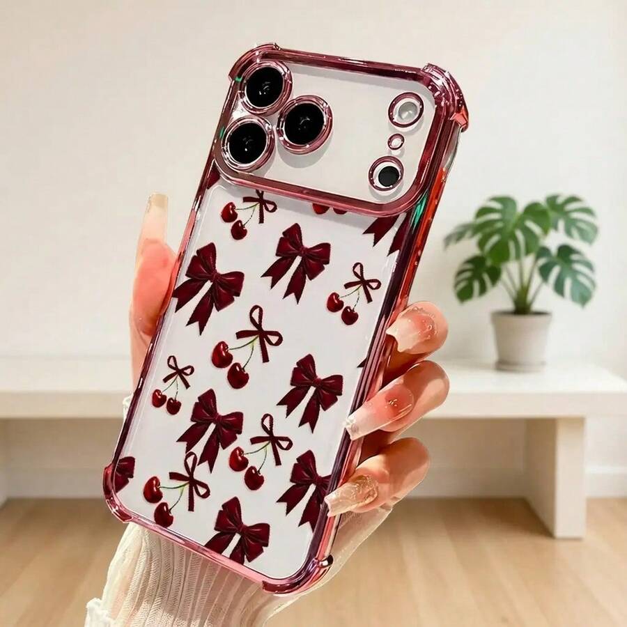 Cherry Bows Pattern Transparent Phone Case, Full Coverage Four-Corner Anti-Drop Cover For IPhone 11 12 13 14 15 16 17 Air Pro Max Plus - 藍色 - 查看 1
