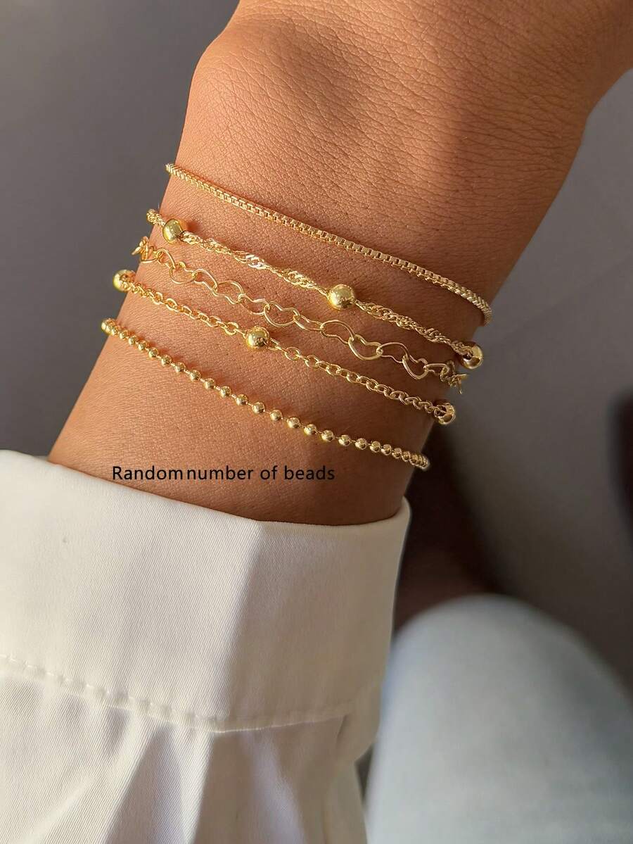 5pcs Stainless Steel Heart Beaded Multi-Layer Bracelet Set, Fashionable Accessory For Daily, Work, Party, Unisex Jewelry (Bead Quantity Random) - Yellow Gold - View 1