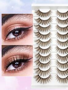 ENCHUW 10对棕色假睫毛，蓬松纤细，自然妆效，C型卷翘，3D立体分层，透明睫毛梗，适合派对佩戴 - 棕色 - 查看 4