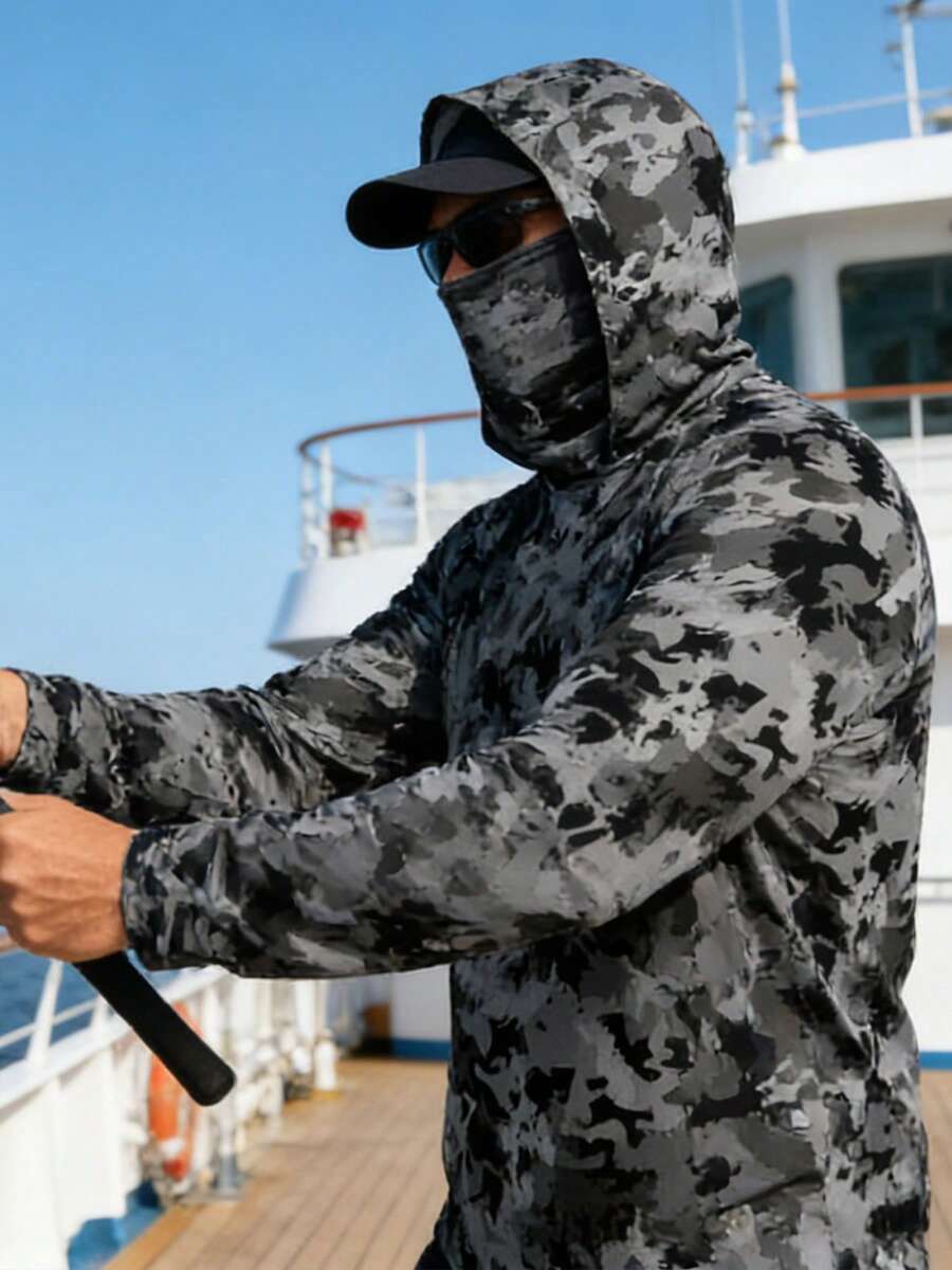 Men's Hooded Rash Guard With Face Mask And Neck Cover, Long Sleeve Fish Scale Pattern, Comfortable Quick-Dry, Suitable For Outdoor Fishing, Sailing, Running And Other Activities. Long Sleeve Design, UV Protection, Quick-Dry, Moisture-Wicking, Suitable For Climbing, Fishing, Beach And Other Sports.