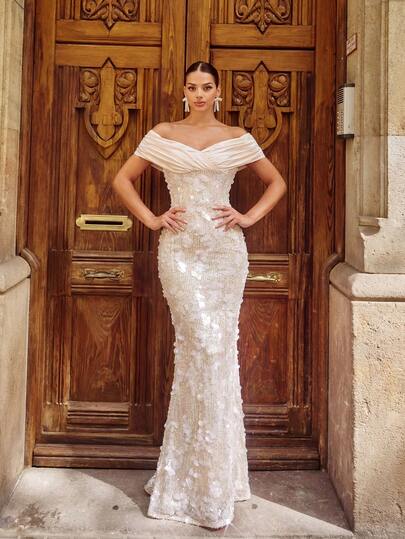 Faeriesty 女士优雅露肩及地晚礼服，褶皱紧身胸衣设计，饰以亮片花卉图案，飘逸裙摆开衩——优雅奢华的风格，是婚礼、正式晚宴、颁奖典礼和红毯活动的理想之选。