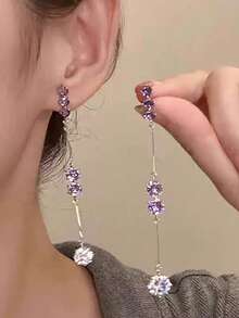 1 par de pendientes de borla de vidrio púrpura largos, elegantes y lujosos, adecuados para banquetes y uso vacacional - Morado - Ver 3