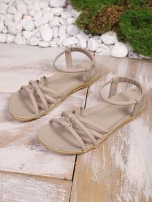 女士夏季新款优雅舒适条纹人字拖沙滩度假平底凉鞋，黑色，大码 - 卡其色 - 查看 3