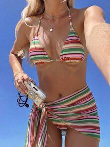 Women's Swimsuit Set, Casual Tie-Front Backless Beach Outfit, Summer - Multicolor - View 3