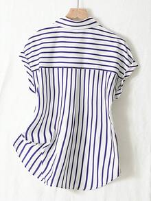 夏季时尚条纹单排扣落肩短袖衬衫，涤纶材质，撞色前襟纽扣，前短后长设计 - 藍條紋 - 查看 2