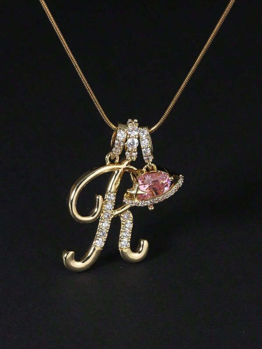 1pc Cubic Zirconia Heart-Shaped Necklace With 26 English Alphabet Design, Classic Vintage Pendant Necklace, Suitable For Daily Wear Or Gatherings, Perfect For Valentine's Day Gift - 金色 - 查看 1