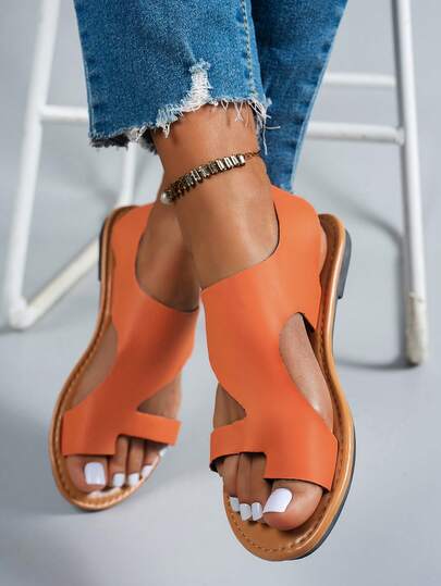 NANBEI ZUO Summer New Women Toe-Post Hook And Loop Design Flat Sandals, Outdoor Lightweight Casual Fashion Minimalist Versatile Flat Sandals, Collegiate Casual Orange Hook And Loop Sandals
