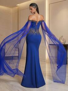 VIPGIRL 奢华蓝色露肩串珠长礼服，配以网纱袖和高开衩设计，正式晚礼服，优雅派对礼服，女士舞会礼服 - 寶藍色 - 查看 2