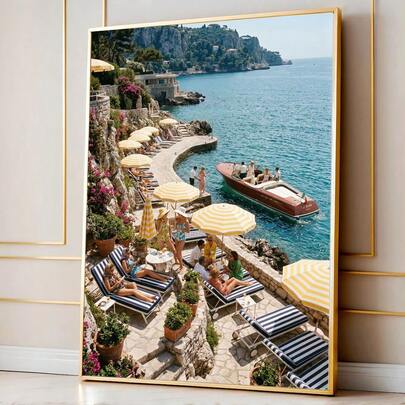 1pc Framed/Unframed Summer Mediterranean Beach Club Vintage Canvas Poster Amalfi Coast Italian Travel Landscape Canvas Poster Retro Coastal Ocean Old Money Decor Painting For Apartment,Living Room,Bedroom,Modern Home Decoration
