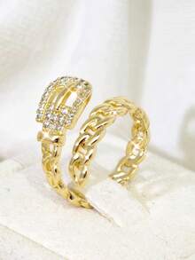 1 pieza Anillo abierto con hebilla de cinturón de diseño único y de moda, micro-incrustado con circonita, anillo de mujer chapado en cobre con circonita incrustada - MX004 - Ver 5