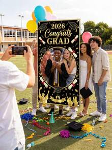1pc - Customized 2026 Graduation Photo Backdrop Banner, Black Background With Gold Text, Personalized Polyester Fiber Photo Background For Outdoor Events And Entrance Decor, Diploma, Graduation Cap, Graduate Silhouette Design, Suitable For Graduation Ceremony Celebration - Multicolor - View 3