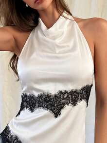 Women's Elegant Pleated Collar Backless Top, Featuring Delicate Black Lace Inset, Asymmetric Hemline With Lace Trim, Fitted Silhouette Suitable For Romantic Dates, Beach Vacations, Summer Travels, Seaside Dinners, And Festive Occasions - Apricot - View 4
