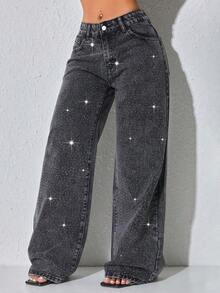 Low-Waist Wide-Leg Casual Blue Jeans With Slant Pockets & Beaded Embellishment Spring - màu đen - Xem 7