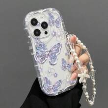 极简浅紫色蝴蝶图案透明波浪边框独特设计手机壳，带挂绳，兼容 17/17Pro/17ProMax/16/15/11/12/13/14 Pro Max/Xs/Xr/11 Pro/11 Pro Max/12 Pro/12 Pro Max/13 Pro/13 Pro Max/7 Plus/14 Pro/14 Pro Max/14 Plus/8 Plus/SE2、Galaxy S21 5G/S21 FE 5G/S21 Ultra 5G/S22/S22 Ultra/S22+/S23 Ultra/S23/S23+/S24/S24+/S24 Ultra/S24FE/S25/S25+/S25 Ultra、X、Note、荣耀等。 - 無色 - 查看 1