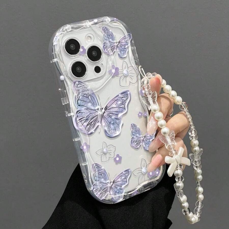 极简浅紫色蝴蝶图案透明波浪边框独特设计手机壳，带挂绳，兼容 17/17Pro/17ProMax/16/15/11/12/13/14 Pro Max/Xs/Xr/11 Pro/11 Pro Max/12 Pro/12 Pro Max/13 Pro/13 Pro Max/7 Plus/14 Pro/14 Pro Max/14 Plus/8 Plus/SE2、Galaxy S21 5G/S21 FE 5G/S21 Ultra 5G/S22/S22 Ultra/S22+/S23 Ultra/S23/S23+/S24/S24+/S24 Ultra/S24FE/S25/S25+/S25 Ultra、X、Note、荣耀等。 - 無色 - 查看 1