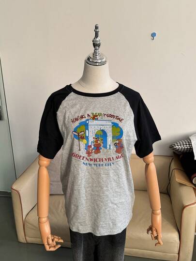 2026夏季新款撞色拼接插肩袖T恤，宽松休闲圆领印花女款T恤