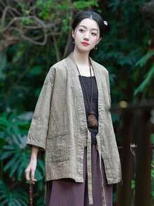 LUCIDVUE 1件女士中国风亚麻外套，春夏新款复古东方宽松系带腰身上衣，带口袋，休闲开襟汉服风外套 - 杏色 - 查看 6