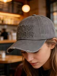 1 Stück NEW YORK aufgenähtes Etikett Baseball Kappe, gewaschener Stil Hut für Herren und Damen, modischer Retro Sonnenhut, verstellbarer Outdoor Sonnenschutz, Y2K Stil abgenutzt gebogener Schirm Hut, Sommer, Strand - Verschiedenfarbig - Übersicht 5