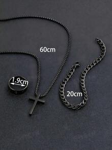 男士黑色首饰三件套，包括十字架项链、手链和十字架戒指，适合日常佩戴。 - 黑色 - 查看 2