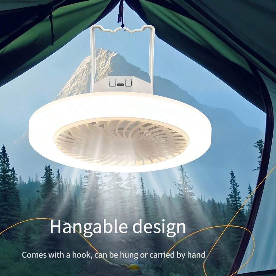 1pc LED Camping Fan Light, Supports USB Charging, Built-In 1800mAh Lithium Battery Powered, Comes With Hook, Suitable For Tent, Car, Outdoor Travel And Bedroom, Has Lighting And Fan Modes