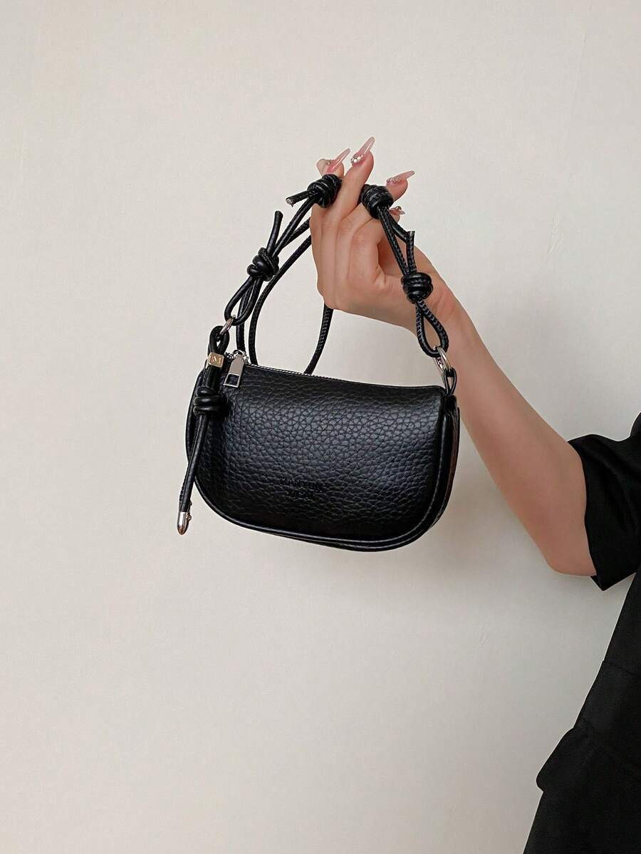 2026 Spring New Minimalist Fashion Solid Color Litchi Texture Saddle Bag, Casual Lace-Up Shoulder Mini Bag - Black - View 1
