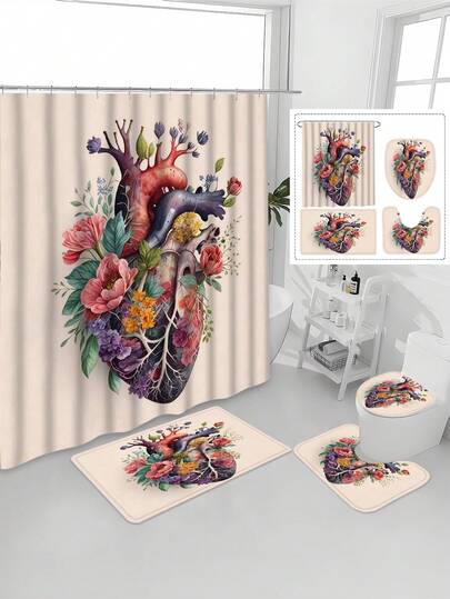 1/4件套印花防水浴室帘套装，宁静疗愈图案，防水防霉，加厚涤纶材质，免打孔安装，防滑浴垫，吸水马桶垫，数码印花，不易褪色，可机洗，四季皆宜，节日限量版