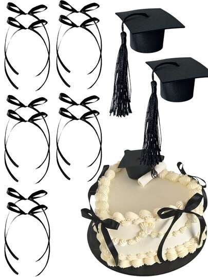 1 Set Graduation Cake Decorations, Includes Graduation Cap And Bow Ribbon; Graduation Party Cake Decor, Birthday Party Cake Decor, Graduation Cake DIY Decorations, Graduation Ceremony Favors, Graduation Season Decorations