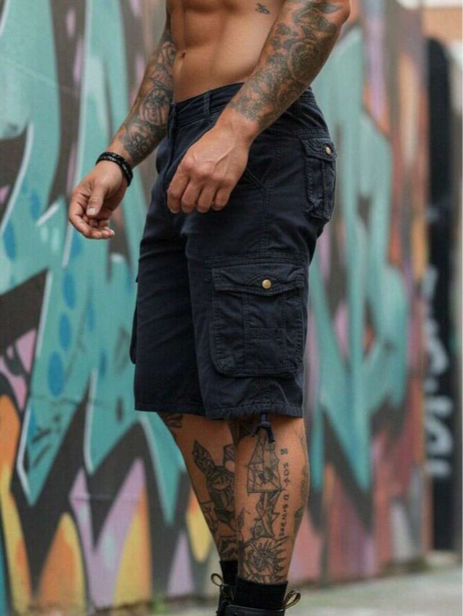Men's Washed Cotton Cargo Shorts Lightweight Summer Comfortable Classic Multi-Pocket Casual Bottoms With Adjustable Drawstring Hem ,Men Clothes - 藏蓝色 - 查看 1