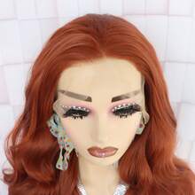 Tóc giả ren phía trước 13x4 không cần keo, dài, màu nâu mật ong và nâu đỏ, tóc giả tổng hợp dành cho nữ, kiểu gợn sóng, màu nâu vàng mật ong và nâu đỏ. - Vàng lanh - Xem 6