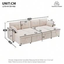 Schlafsofa mit Schlaffunktion, U-förmiges Sofa, Polstersofa, Baumwoll-und Leinenstoffe, mit Getränkehalter, Stauräume, geeignet für Familien, Wohnzimmer usv. Video verfügbar - Beige - Übersicht 2