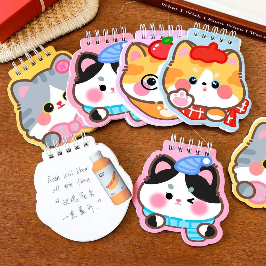 4 cuốn sổ tay lò xo chủ đề mèo. Sổ ghi nhớ bìa lật hình hoạt hình, giấy trắng. Văn phòng phẩm học sinh, quà tặng, quà nhỏ, sổ tay. Đồ dùng học tập. Quà tặng tựu trường.
